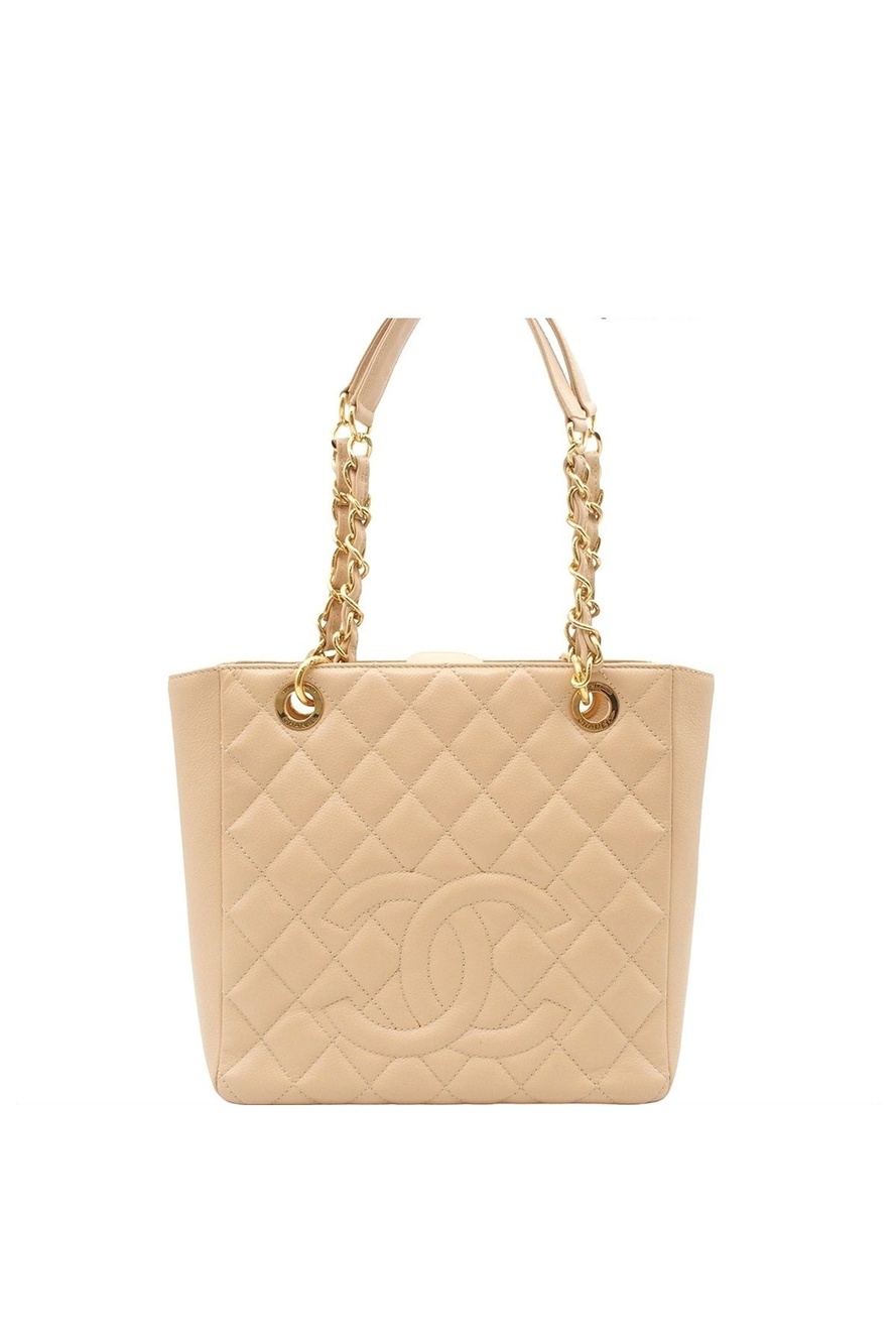 Chanel Chain Tote Bag Petite Shopping PST Quilted Beige Gold Caviar Leather